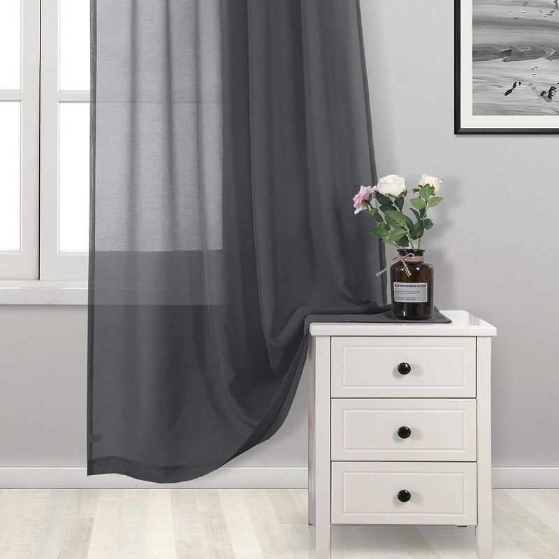 DWCN Dark Grey Sheer Curtains for Living Room Bedroom - Faux Linen Look Voile Drapes Grommet Top Window Curtain Panel 52 x 84 Inches Long, Set of 2 Panels - Image 2